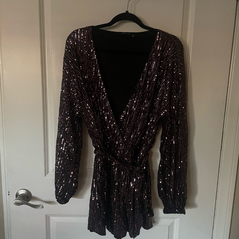 Double Crazy Overlap Collar Lantern Sleeve Belted Sequin Romper Purple 2XL